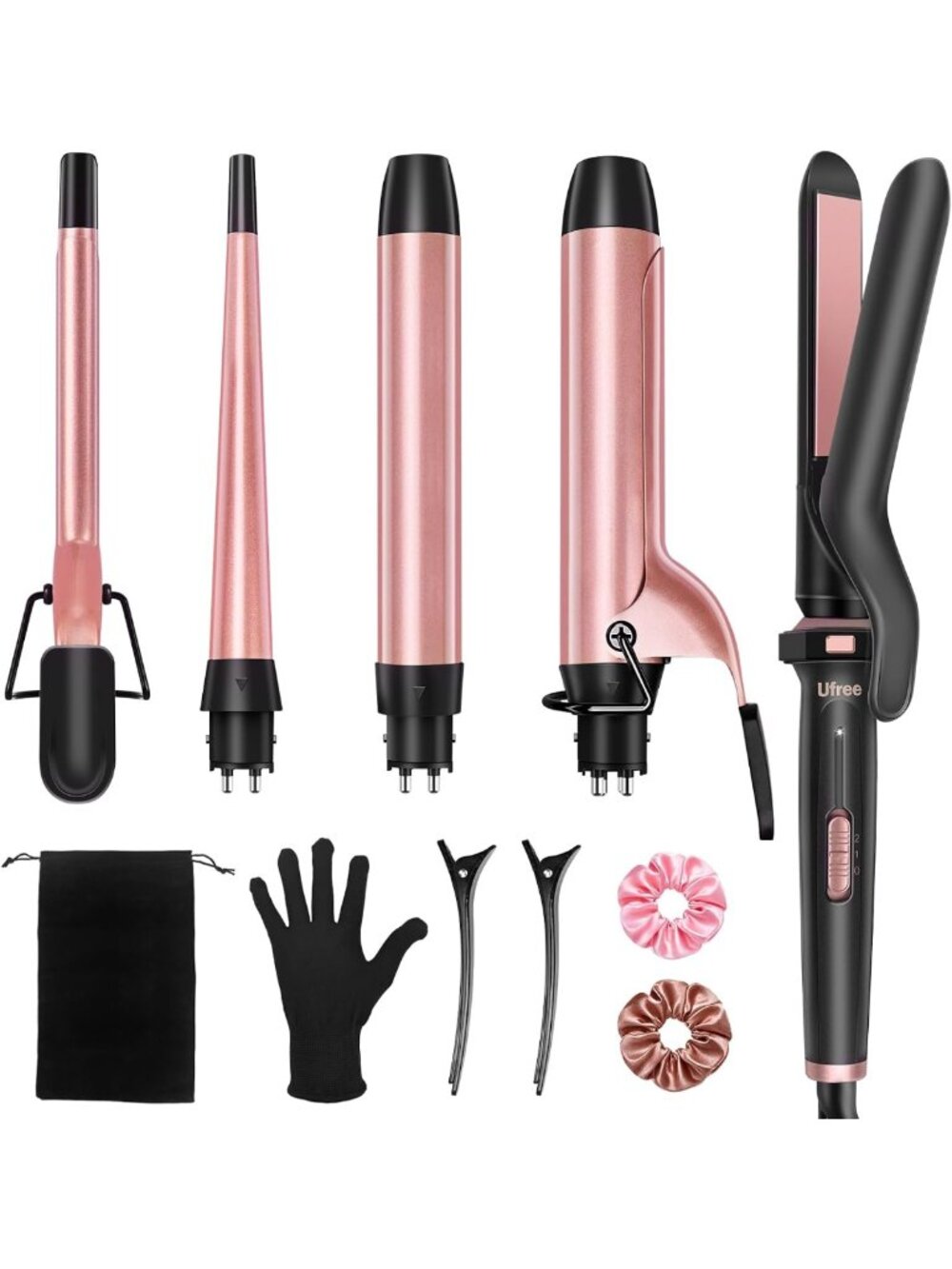 5-in-1 Curling Iron Set & Flat Iron, Ceramic Barrels 0.35"-1.25", Hair Styling
